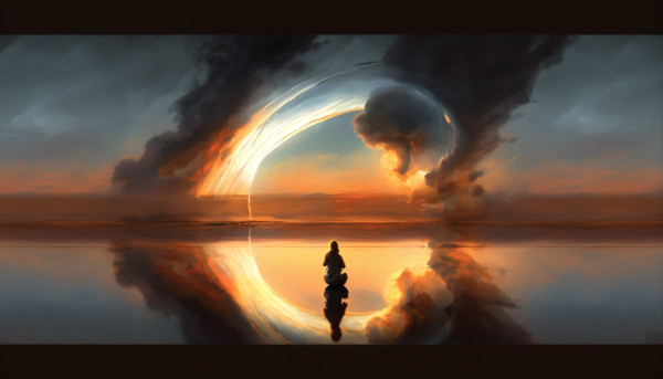 "This Is Not Autistic Joy," original digital illustration by the author. Fantasy illustration, dark moody background, bright illuminated halo in the center. A human sits in the center in lotus pose, relfected in a serene pond at dawn or dusk.
