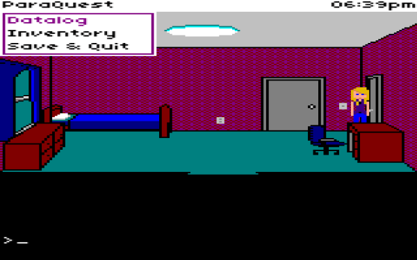 Screenshot from a parser based adventure game. The graphics are very retry and very pixelated. The scene shows a woman standing in a bedroom. The menu is open, showing options for "Datalog, Inventory, and Save & Quit".