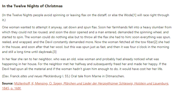 German folk tale "In the Twelve Nights of Christmas". Drop me a line if you want a machine-readable transcript!