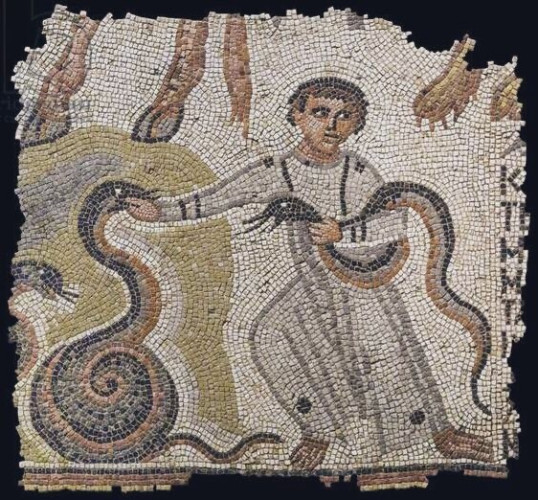 A youth seeming to wrestle two snakes. The background in mostly white except behind the snake to the right where the background is a greenish-yellow. Fragments of writing can be seen to the left and animal hooves and animal paws above.