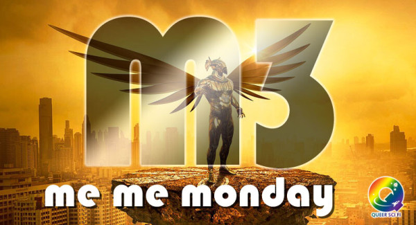 Man in armor and bird mask with wings in front of a city skyline, gold tones - Me Me Monday header