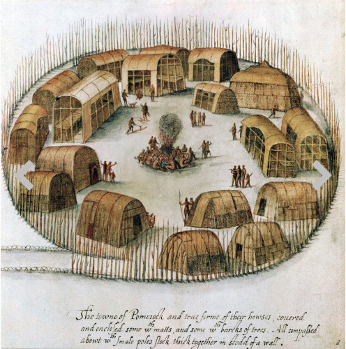 A 16th-century sketch shows the Indigenous village of Pomeiock, near present-day Gibbs Creek in eastern North Carolina, with huts and longhouses inside a protective palisade, or fence. The sketch was made by an English explorer in 1585.