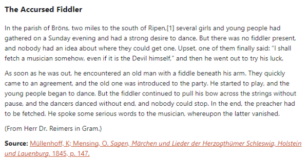 German folk tale "The Accursed Fiddler". Drop me a line if you want a machine-readable transcript!