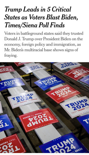 Screenshot of New York Times article titled: “Trump Leads in 5 Critical States as Voters Blast Biden, Times/Siena Poll Finds”
