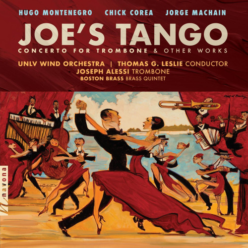 Cover of Navona Records album “Joe’s Tango”, featuring a painting of formally dressed couples dancing to a jazz orchestra - with red being the predominant color