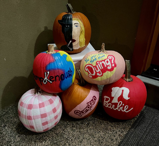 Six painted pumpkins in a Barbie movie and barbieheimer theme 