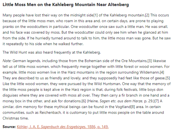 German folk tale "Little Moss Men on the Kahleberg Mountain Near Altenberg". Drop me a line if you want a machine-readable transcript!